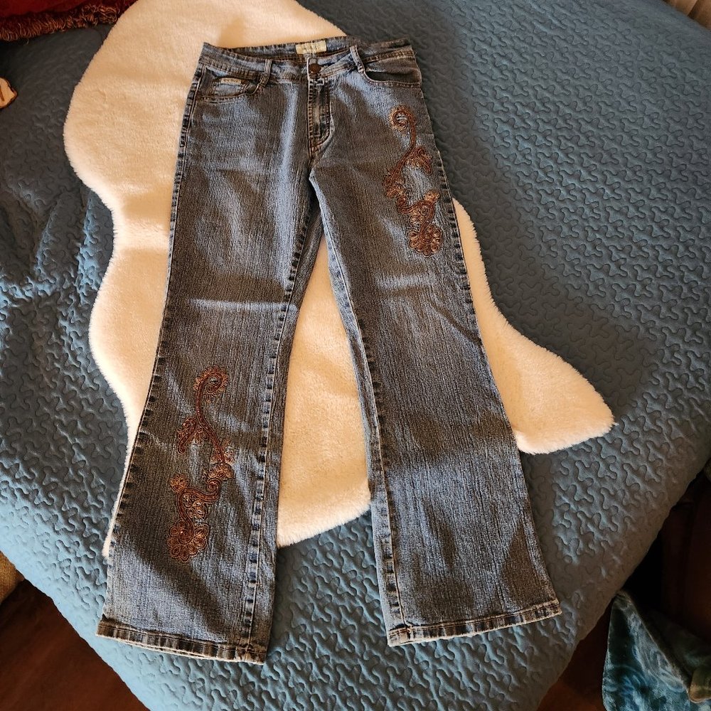 Nina Rossi Vintage Embroidery & Sequin Bell Bottom Jeans